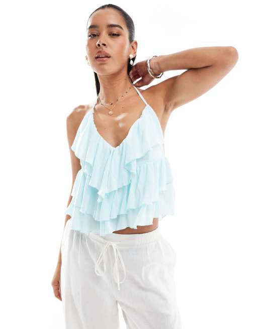Bershka - Top van kreukelstof met halternek en ruches in turquoise
