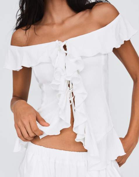 Bershka - Top volanté à encolure Bardot - Blanc - view 1