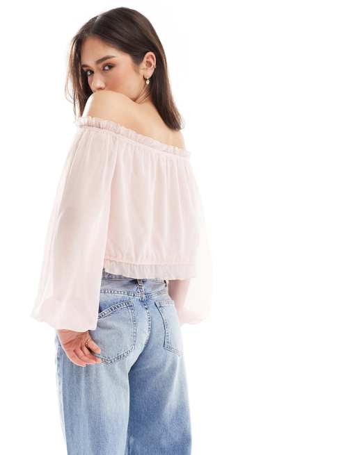 Bershka - Top volanté à encolure bardot - Rose pâle, 3 de 4