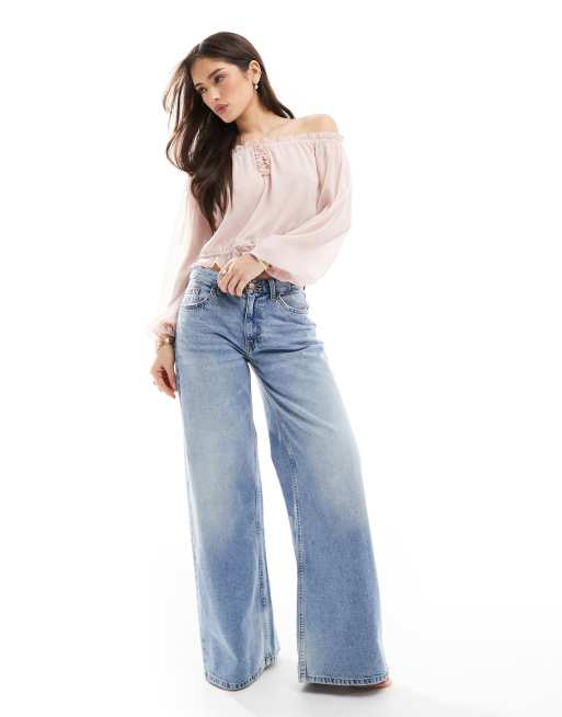 Bershka - Top volanté à encolure bardot - Rose pâle, 4 de 4