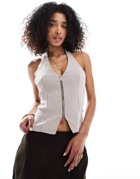 Bershka – Top z dekoltem typu halter z bengaliny w brązowe paski - view 1