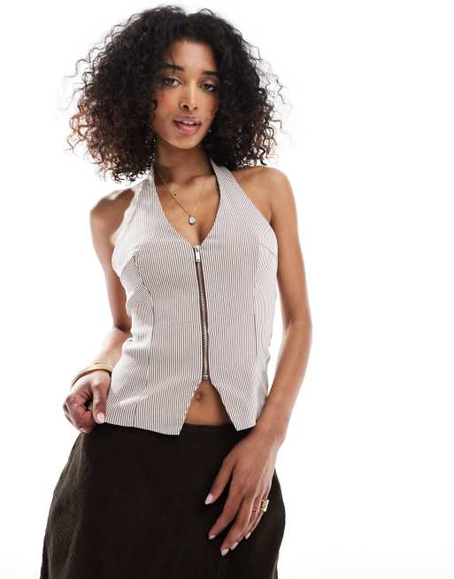 Bershka – Top z dekoltem typu halter z bengaliny w brązowe paski