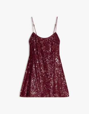 Bershka - Trägerkleid in Burgunderrot mit Pailletten