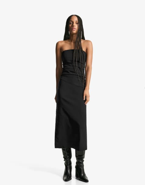 Bershka – Trägerloses Bengaline-Midikleid in Schwarz - view 1