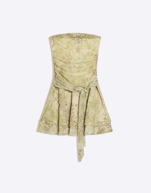 Bershka – Trägerloses Minikleid in Khaki mit bedrucktem Gürtel, 3 von 4