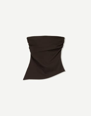 Bershka - Trägerloses Oberteil in Braun mit gerafftem Detail