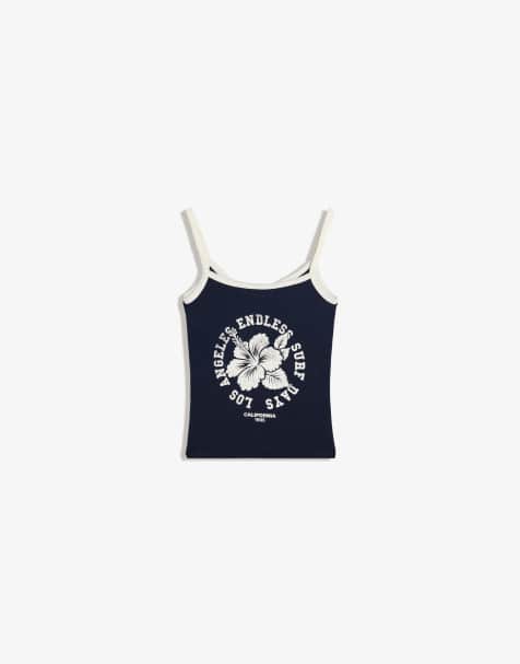 Bershka – Trägeroberteil in Marineblau mit Print - view 1