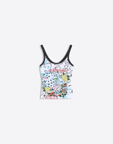 Bershka – Trägertop in Weiß mit „Ed Hardy“-Print - view 1