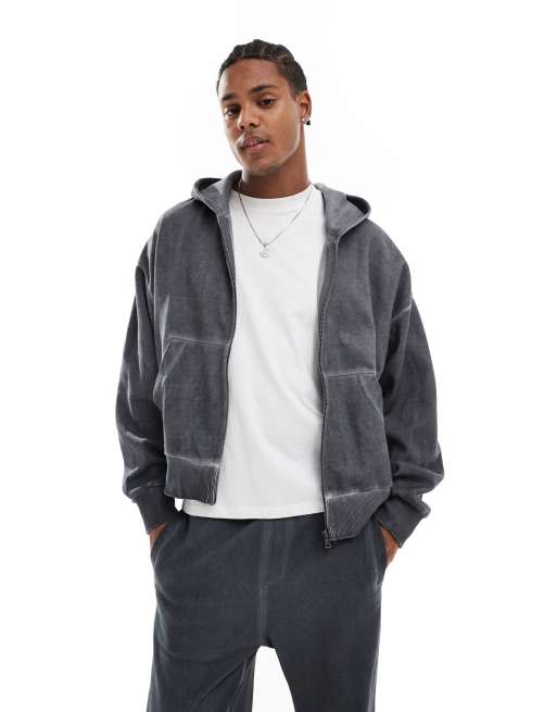 Bershka - Trainings-hoodie met ritssluiting in antraciet met wassing 
