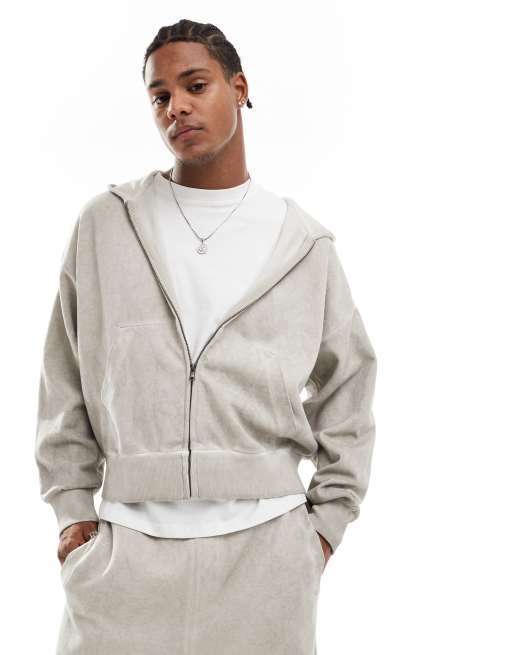 Bershka – Trainings-Kapuzenpullover in verwaschenem Stone mit durchgehendem Reißverschluss 