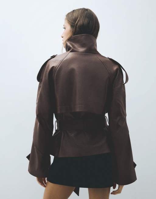 Bershka - Trench-coat court effet cuir - Marron, 3 de 5