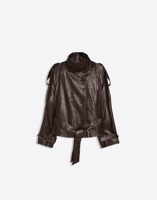 Bershka - Trench-coat court effet cuir - Marron, 5 de 5
