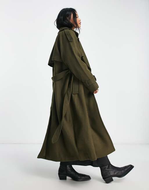 Bershka Trench coat en laine avec lien nouer Kaki ASOS