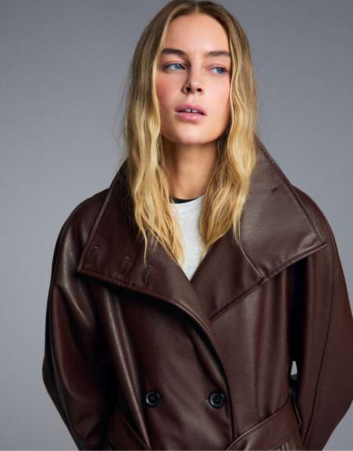 Bershka trench-coat long ceinturé bordeaux, 5 de 6