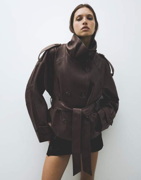 Bershka - Trench corto marrone effetto pelle - view 1