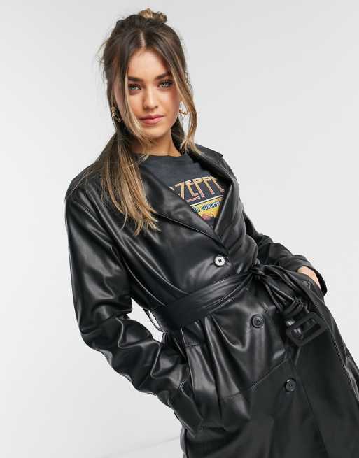 Bershka Trench en imitation cuir avec ceinture Noir ASOS