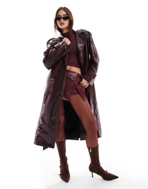 Bershka - Trench en similicuir effet peau de serpent - Bordeaux