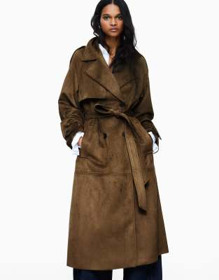 Bershka - Trenchcoat aus Wildlederimitat in Beige-Brown