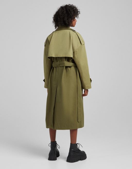 Bershka – Trenchcoat in Khaki mit Detail am Rücken, 2 von 4