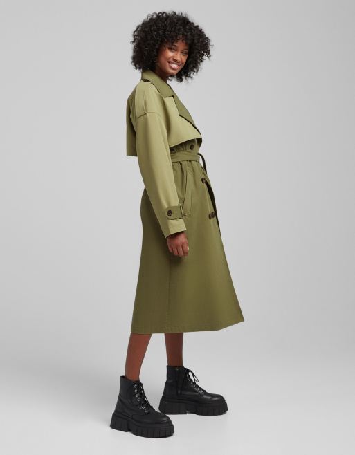 Bershka – Trenchcoat in Khaki mit Detail am Rücken, 4 von 4