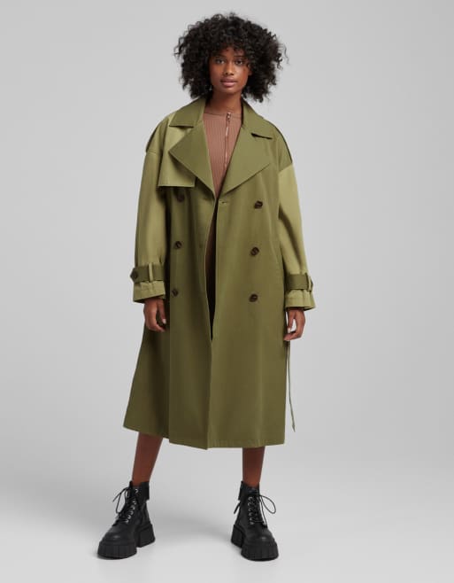 Bershka - Trenchcoat met rugdetail in kaki