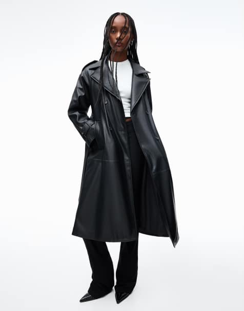 Bershka - Trenchcoat van imitatieleer in zwart - view 1