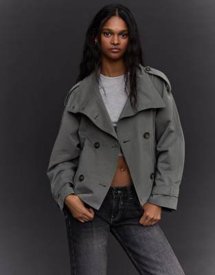 Bershka - Trenchjacke in Grau mit Stehkragen-Neutral