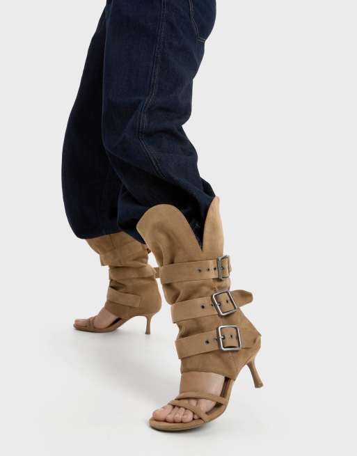 Bershka – Trousers – Sandaletten in Beige mit Absatz und Schnallen, 3 von 4