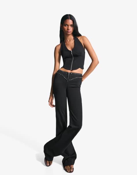 Bershka Trousers with studded waist and zip in black - view 1