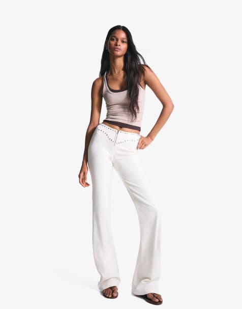 Bershka Trousers with studded waist and zip in white