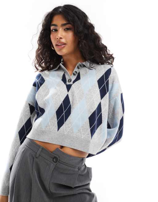 Bershka - Trui met argyle-ruit en polokraag in grijs