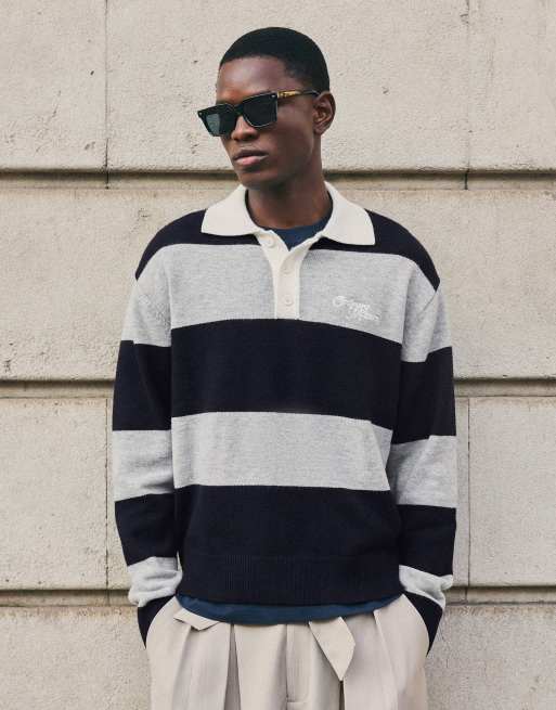 Bershka trui met contrasterende streep en polokraag in navy, 2 van 5