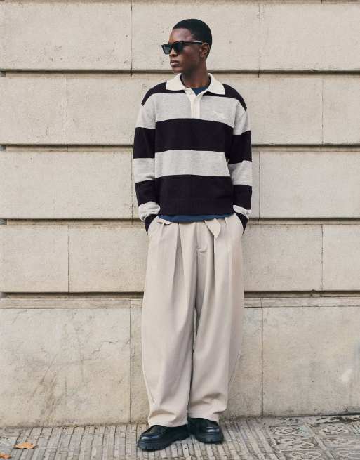 Bershka trui met contrasterende streep en polokraag in navy, 3 van 5