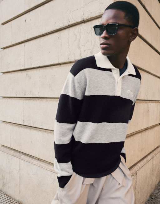 Bershka trui met contrasterende streep en polokraag in navy, 4 van 5