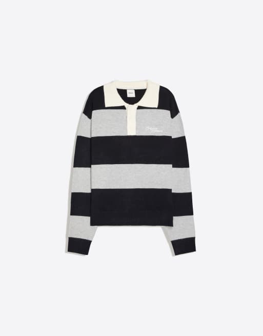 Bershka trui met contrasterende streep en polokraag in navy, 5 van 5