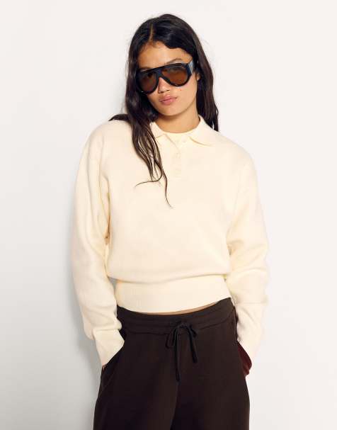 Bershka trui met knoopsluiting, boxy pasvorm en polokraag in ecru - view 1