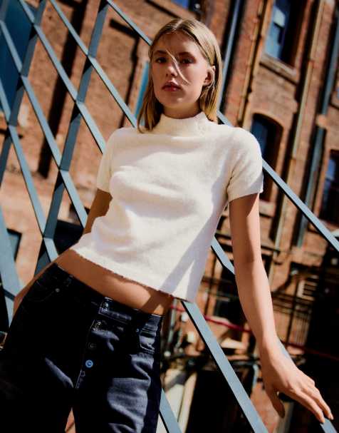 Bershka trui met korte mouwen en col in ecru - view 1