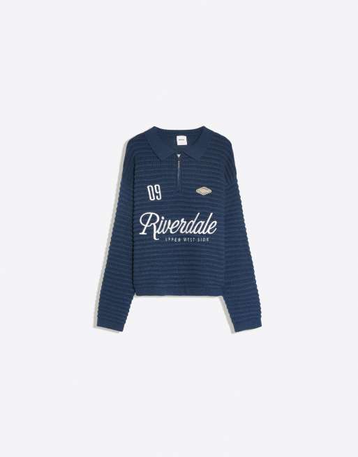 Bershka trui met polokraag en print in blauw, 5 van 5