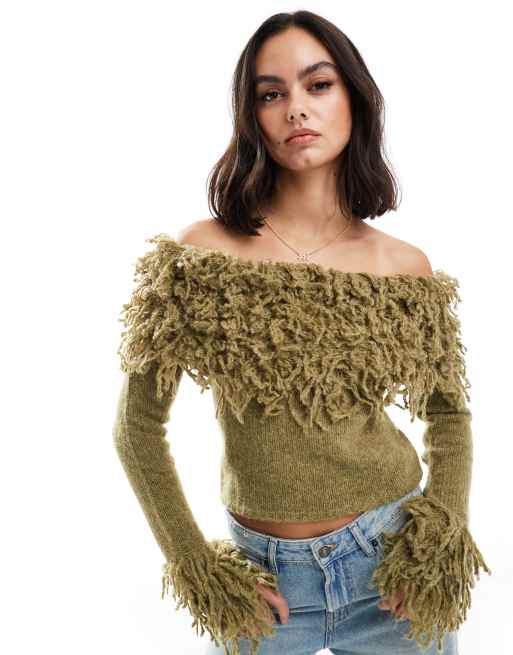 Bershka - Trui met ruige bardot-halslijn in kaki, 2 van 4