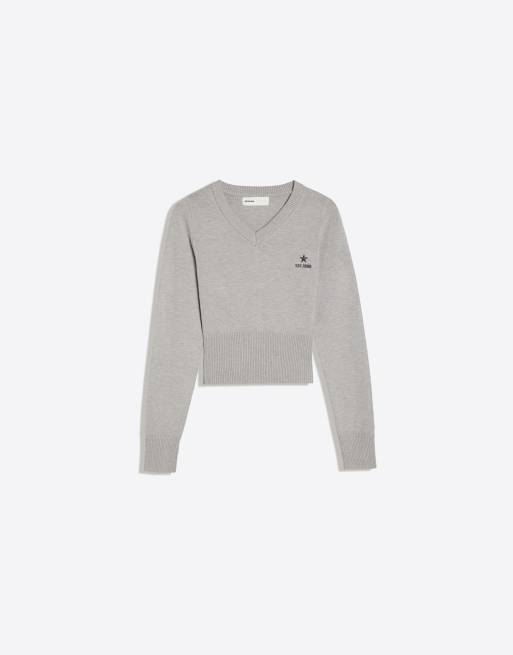 Bershka - Trui met V-hals en geborduurd logo in grijs, 5 van 5