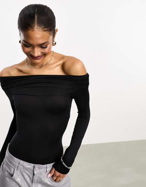 Bershka - Tætsiddende bodystocking med foldet kant i sort