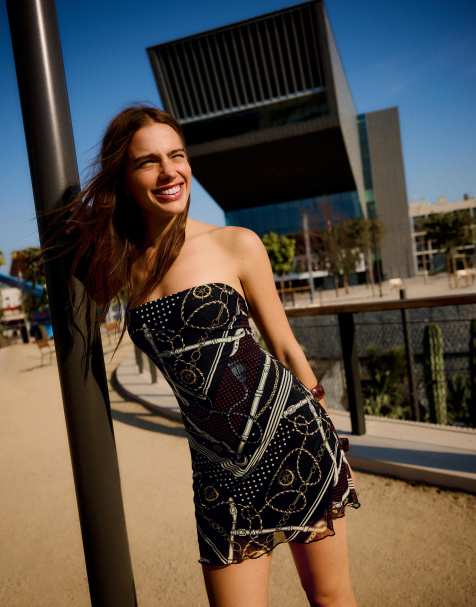 Bershka Tulle bandeau mini dress in black - view 1