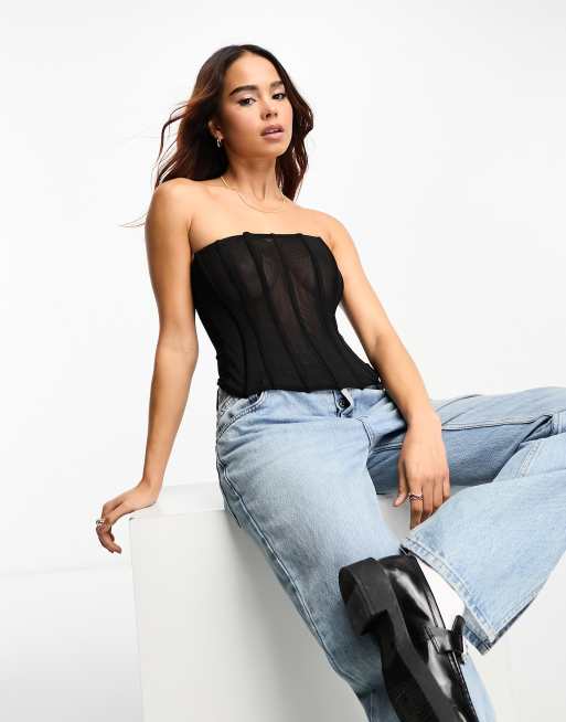 Black Vinyl Bandeau Curved Hem Lace Up Back Crop Top