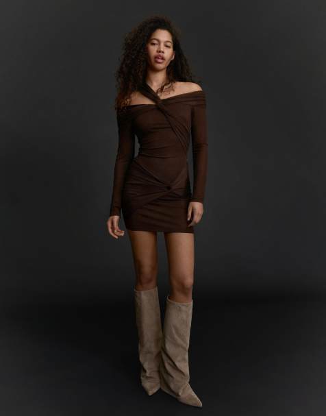 Bershka Tulle long sleeve mini dress with knots in brown