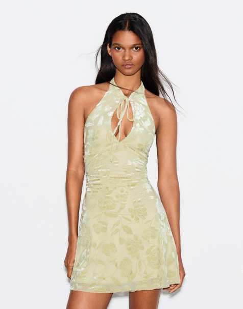 Bershka Tüllkleid mit Flockprint und Neckholder in Grün - view 1