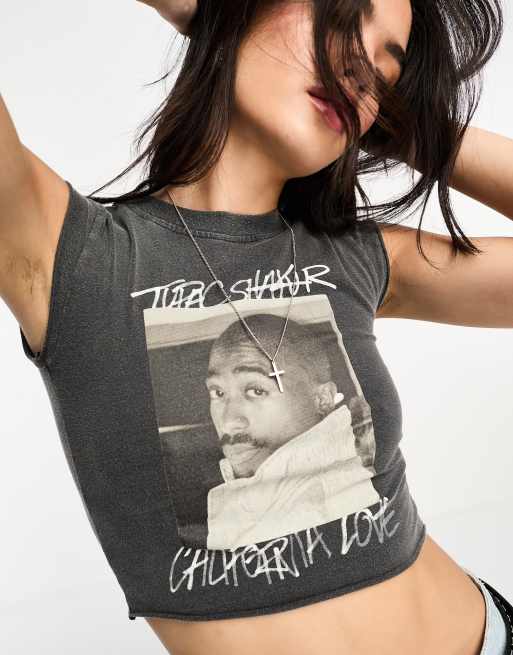 Bershka – Tupac – Knapp geschnittenes T-Shirt in verwaschenem Grau, 3 von 4