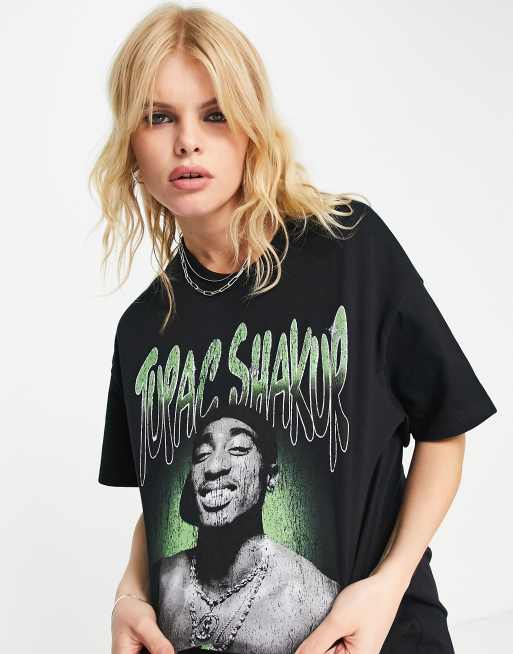 Bershka Tupac slogan oversized tee in acid wash gray