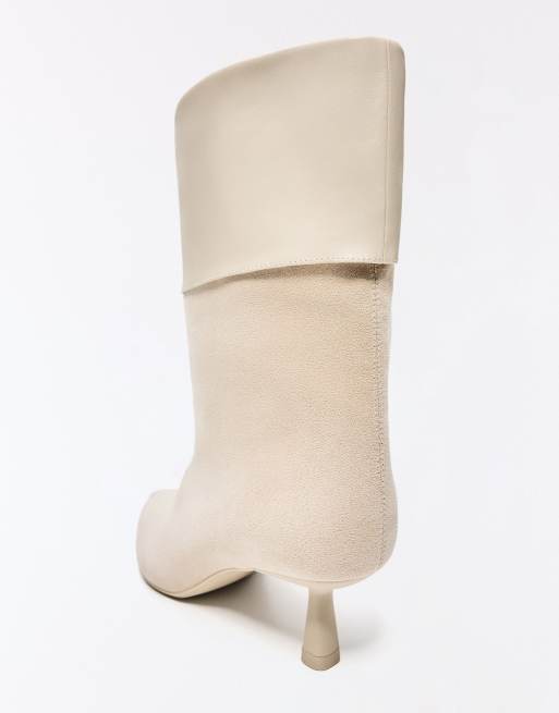Bershka Turn-down cuff heeled ankle boots in beige, 4 of 6