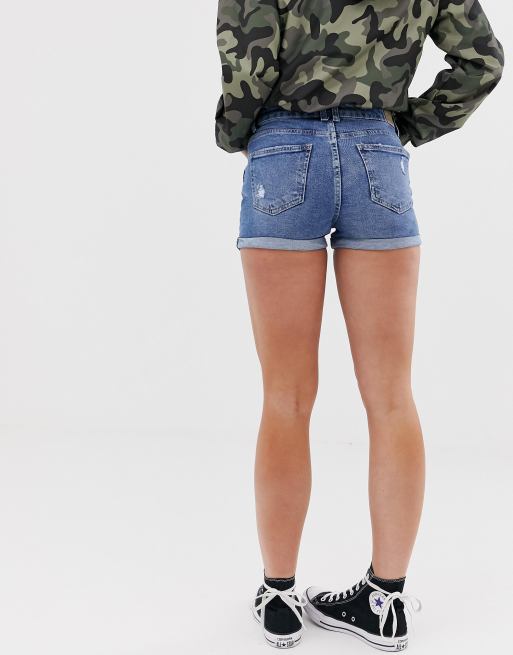 Bershka Turn Up Denim Short In Blue Asos