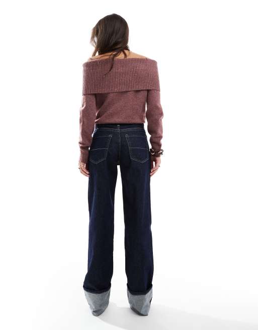 Bershka turn up wide leg jeans in dark wash